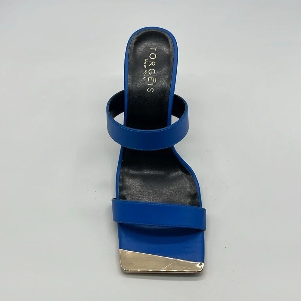 Torgeis - Antilles Bold Blue With Gold Tips Strap Sandal Open Toe Heels Size 7